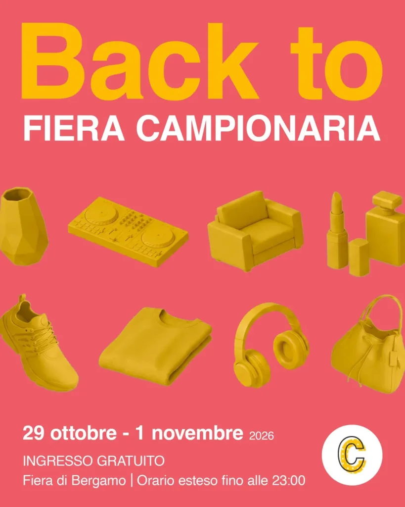 Locandina della Fiera Campionaria di Bergamo: dal 29 ottobre al 1° novembre 2026, ingresso gratuito, orario esteso fino alle 23